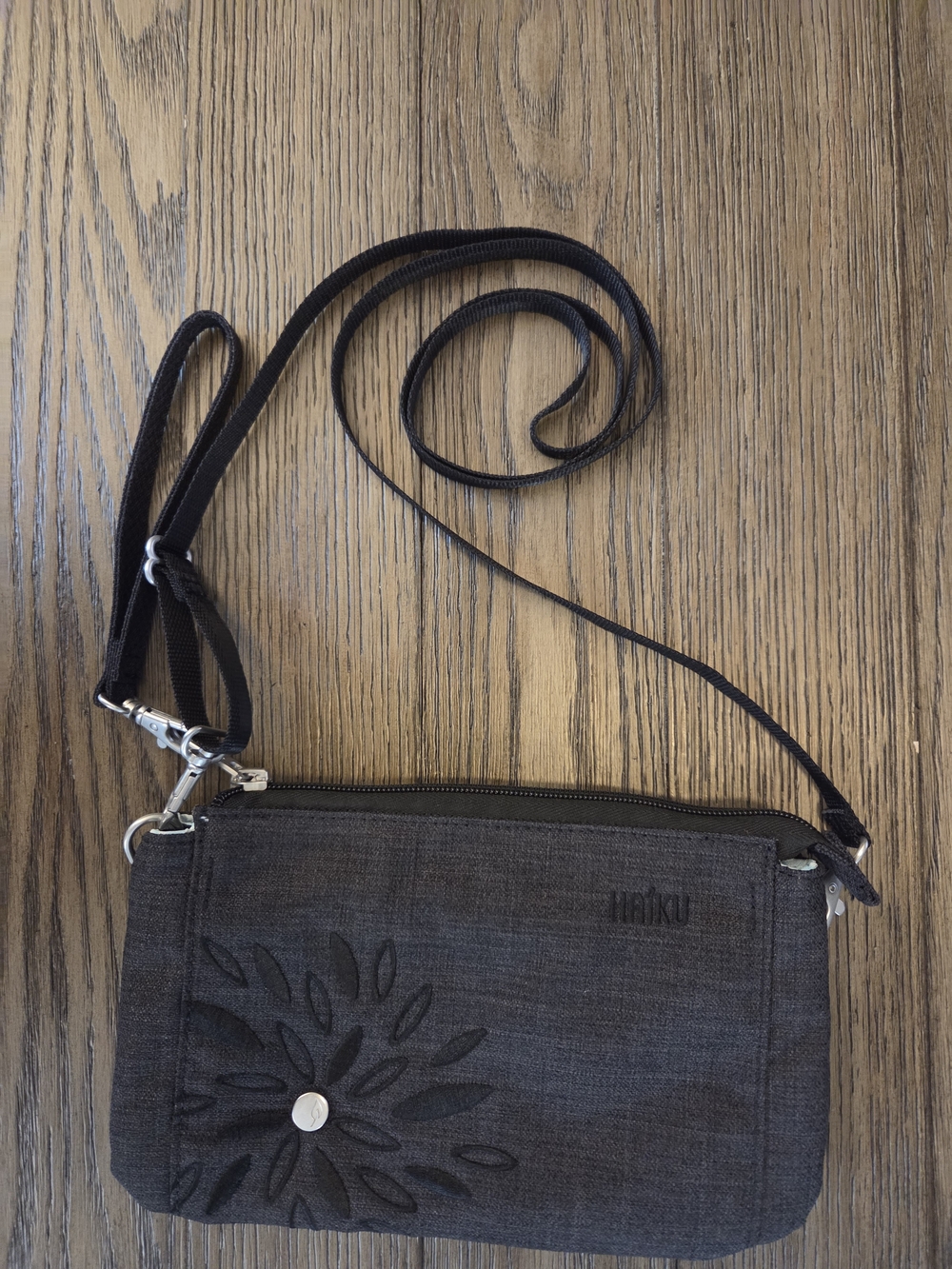 Haiku Black Crossbody Bag Floral Embroidered Lightweight Travel Purse